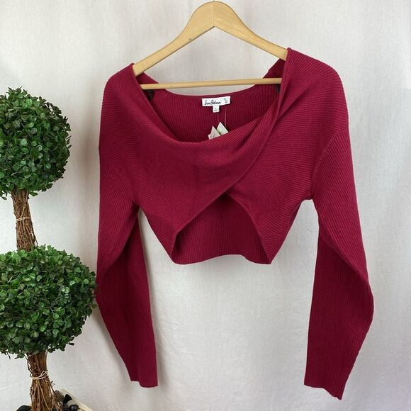 Sam Edelman Red Cropped Ribbed Long Sleeve Twist Tie Waist Sweater NEW S - Picture 2 of 4